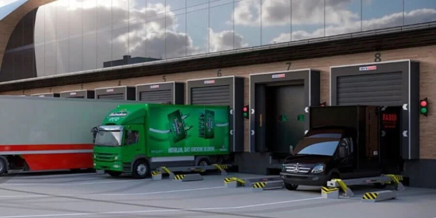 Carrozado Lona de Zenep Express cargando portes dedicados para puerto marítimo en muelle junto a otros camiones grandes